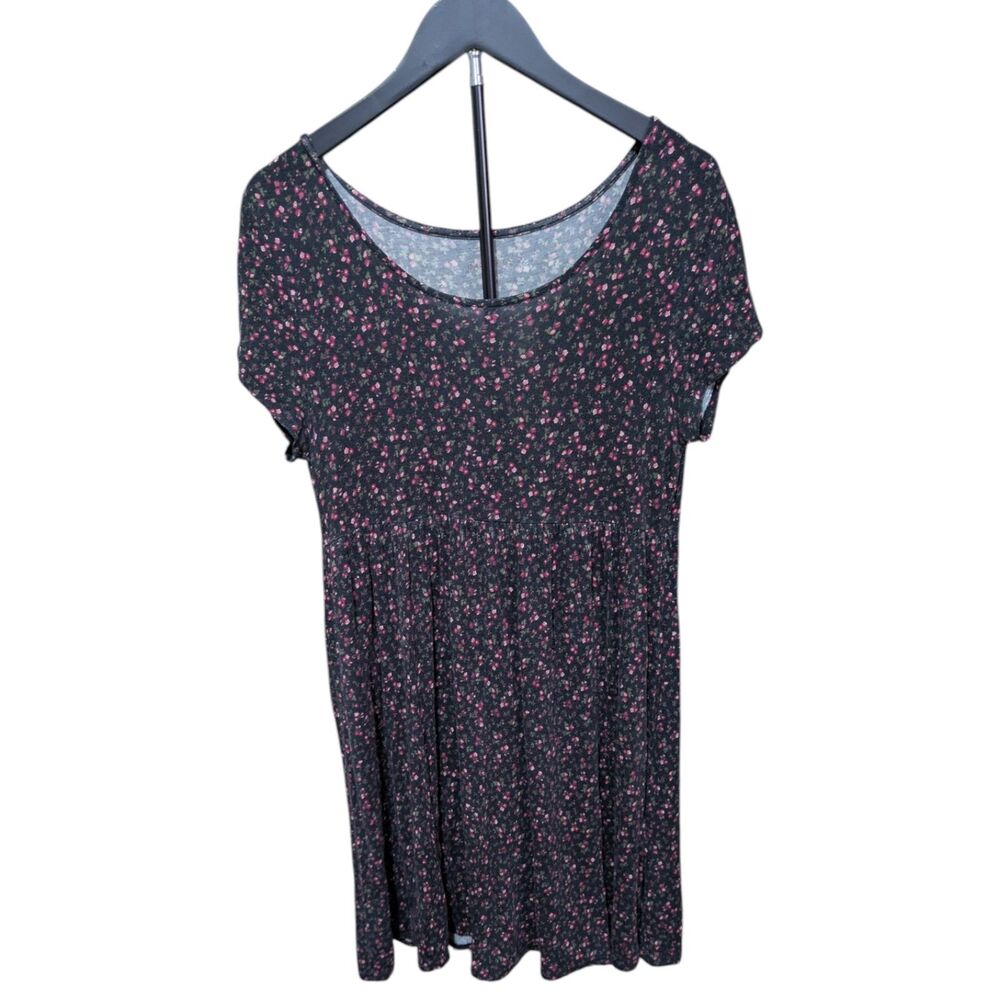 Women’s Medium Black Pink Floral Babydoll Dress Short Sleeve Casual Flowy - Picture 2 of 6